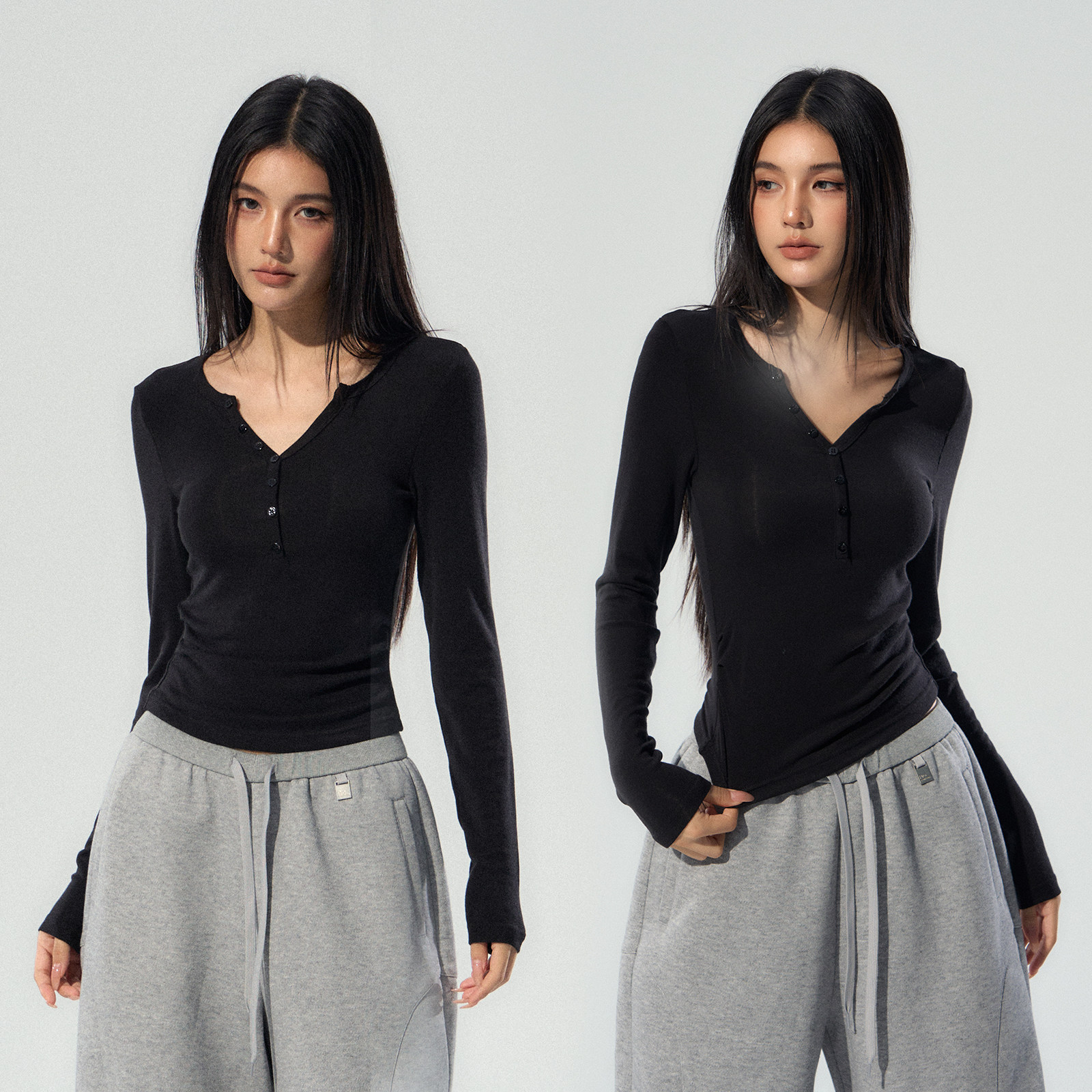 ACMEAURA巨好看的早秋上衣女内搭打底衫美式亨利领修身长袖T恤女 - 图2