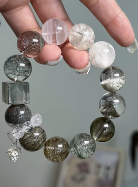 原创天然彩幽灵彩兔毛银发晶圆珠女款定制水晶手串手链【雪森】