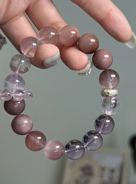 原创天然水晶手串粉兔毛紫水晶粉晶紫锂辉女款手链【暮色微醺】