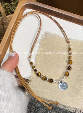 吊坠925银 【抽拉蜡绳拼接虎虎项链】小众百搭气质拼接吊坠项链