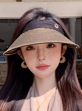 度假风草编空顶帽女夏季海边防晒遮阳帽透气显脸小防紫外线太阳帽
