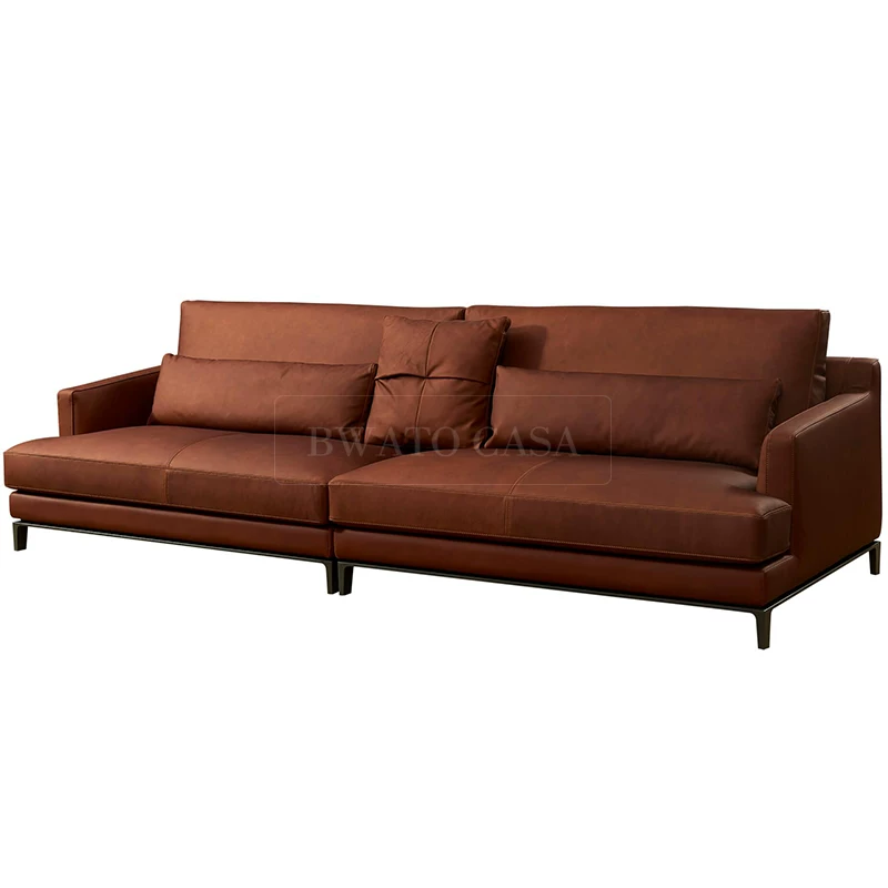 Elite minimalistic matte leather sofa with down stainless steel, cowhide