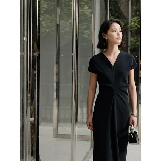 Sculpted draped acetate V-neck commuter dress