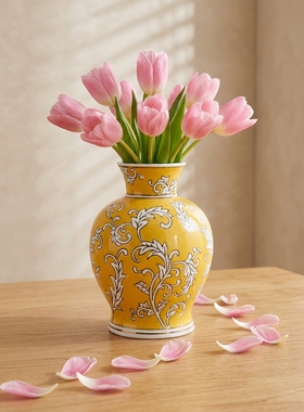 新中式黄色陶瓷手绘花瓶摆件