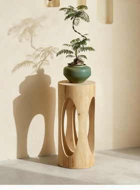 侘寂风实木镂空客厅沙发边几