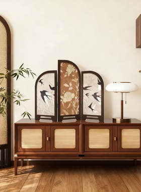 中式实木花鸟三扇折叠屏风摆件