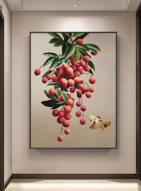 网红手关绘油画荔枝图厅装中玄饰画入户正对门挂画客餐厅新轻奢式
