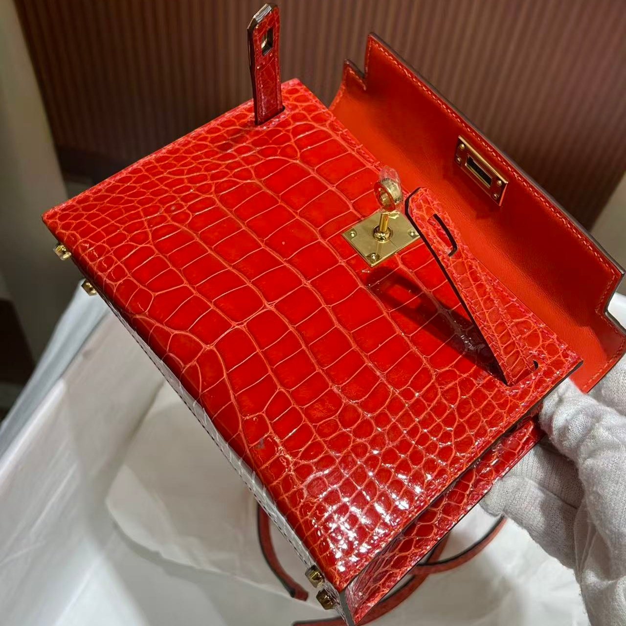 进口高光方块美洲鳄鱼皮mini迷你凯莉二代女士手提包单肩纯手工包,淘宝优惠券,粉丝福利购,淘宝优惠卷