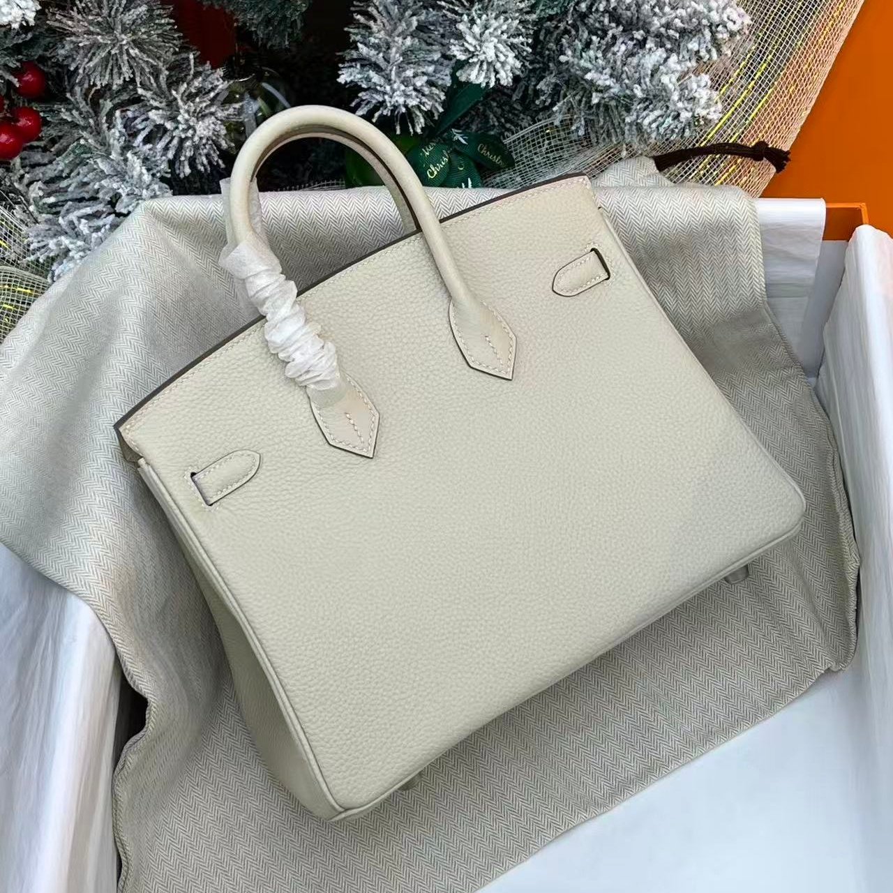 奶昔白进口原厂togo皮手工包内缝女士手提包普皮BK铂金包25高版本 - 图0