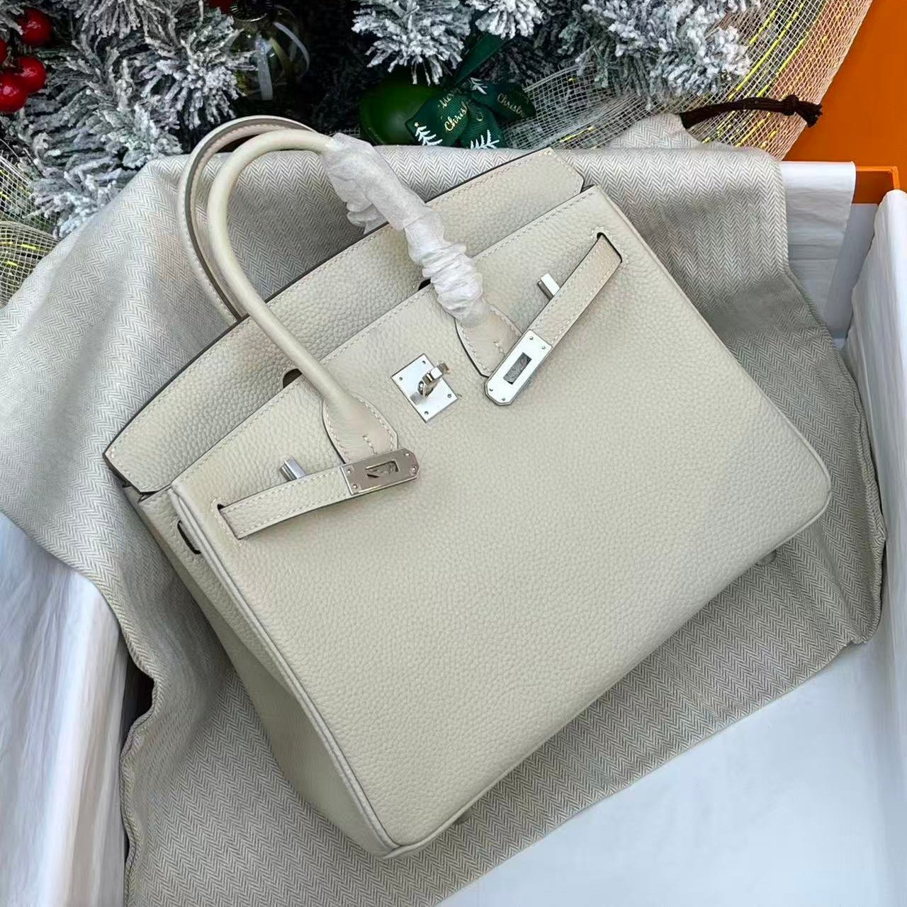 奶昔白进口原厂togo皮手工包内缝女士手提包普皮BK铂金包25高版本 - 图1