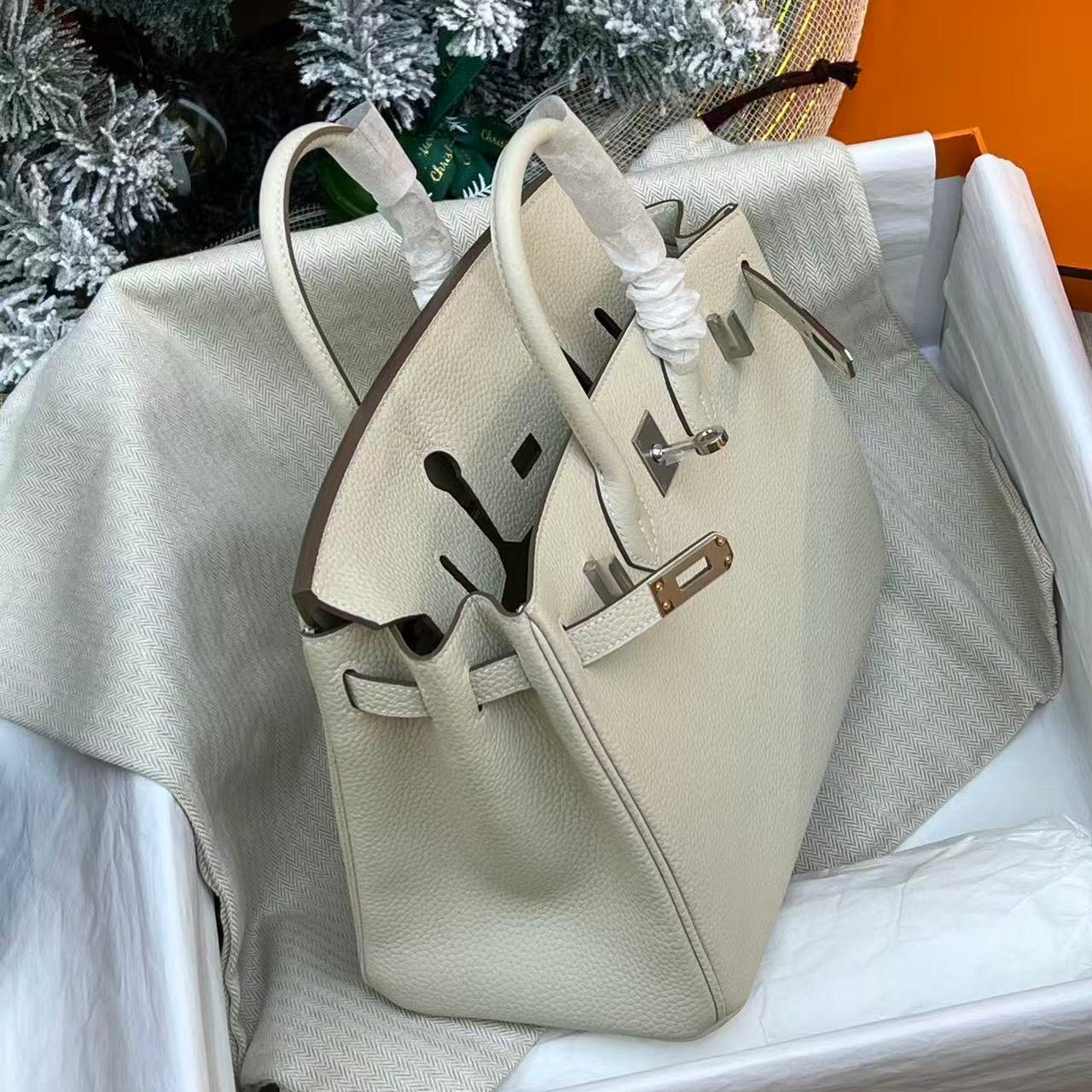 奶昔白进口原厂togo皮手工包内缝女士手提包普皮BK铂金包25高版本 - 图3