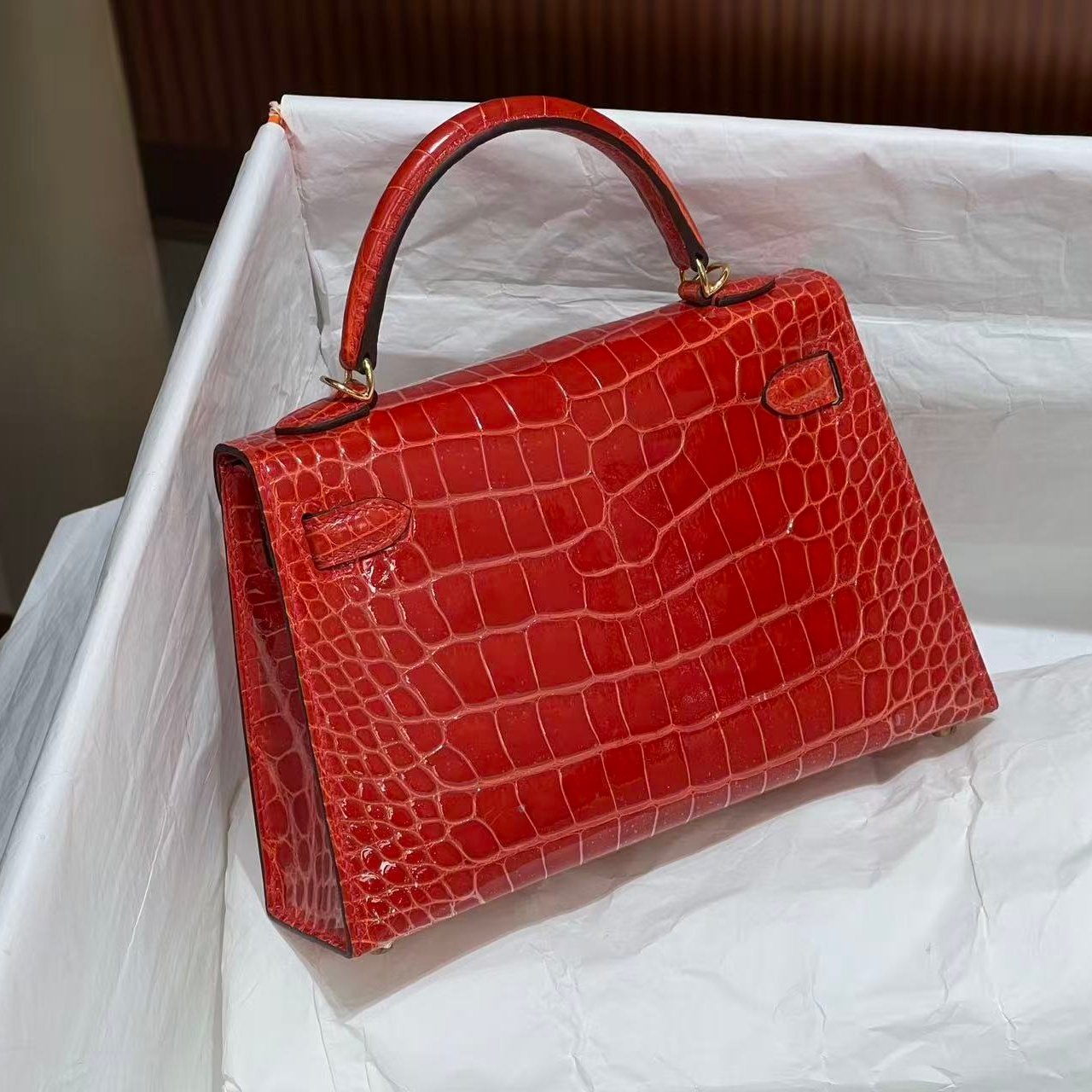 进口高光方块美洲鳄鱼皮mini迷你凯莉二代女士手提包单肩纯手工包,淘宝优惠券,粉丝福利购,淘宝优惠卷