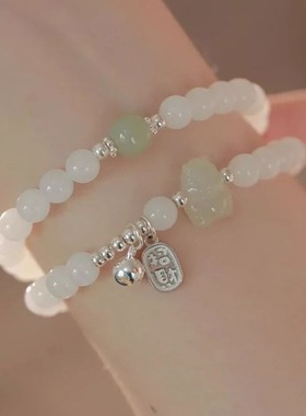 复古新中式仿和田玉手链女vintage宫廷风国风双层福牌手串手饰品