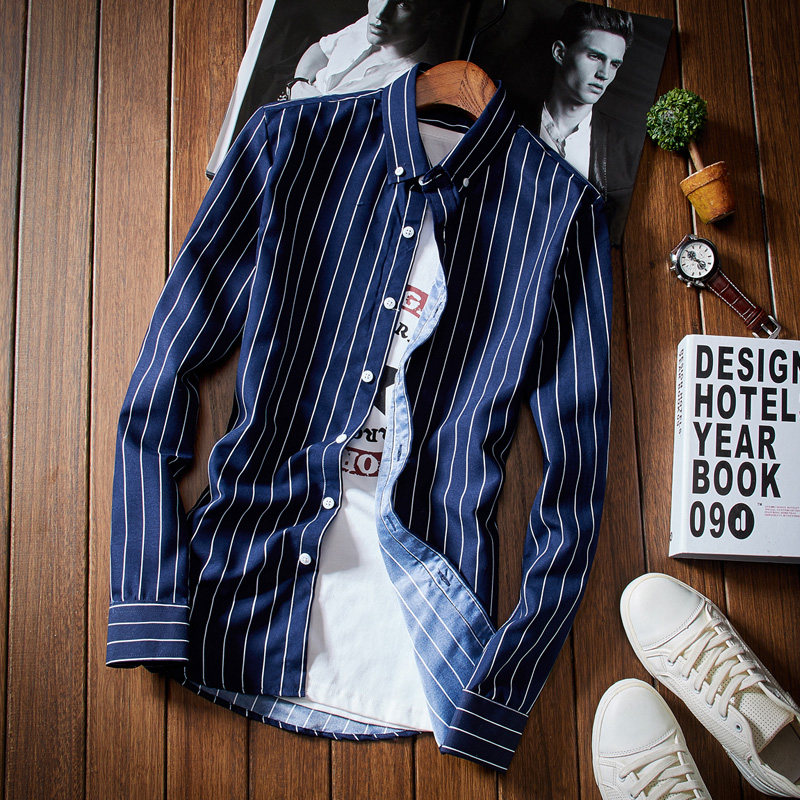 2018春季新款青少年男士长袖衬衫条纹修身打底学生发型师衬衣 - 图1