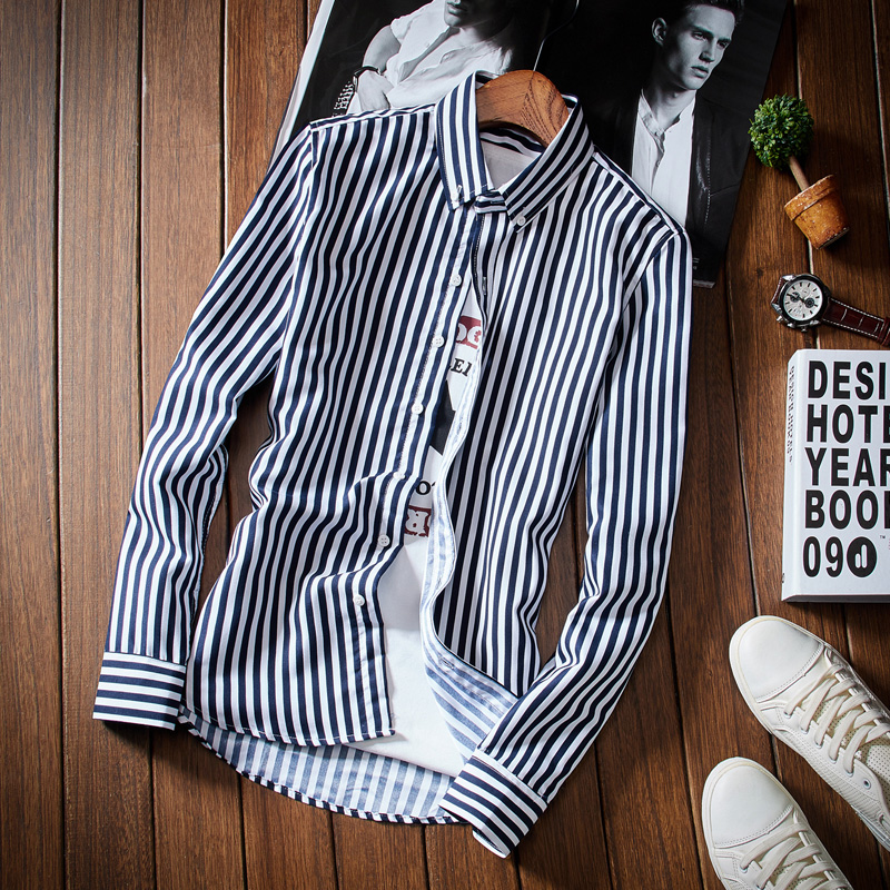 2018春季新款青少年男士长袖衬衫条纹修身打底学生发型师衬衣 - 图0