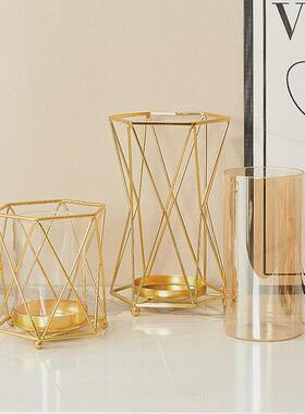 北欧铁艺玻璃插花电镀摆件水培玻璃花瓶家居餐桌桌面客厅装饰摆件