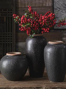 现代简约干花陶瓷插花花瓶中式摆件复古手工小清新黑色粗陶罐瓷器