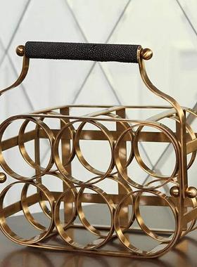 高档轻奢创意铁艺软装仿铜酒架样板间摆件红酒架工艺品电镀饰品