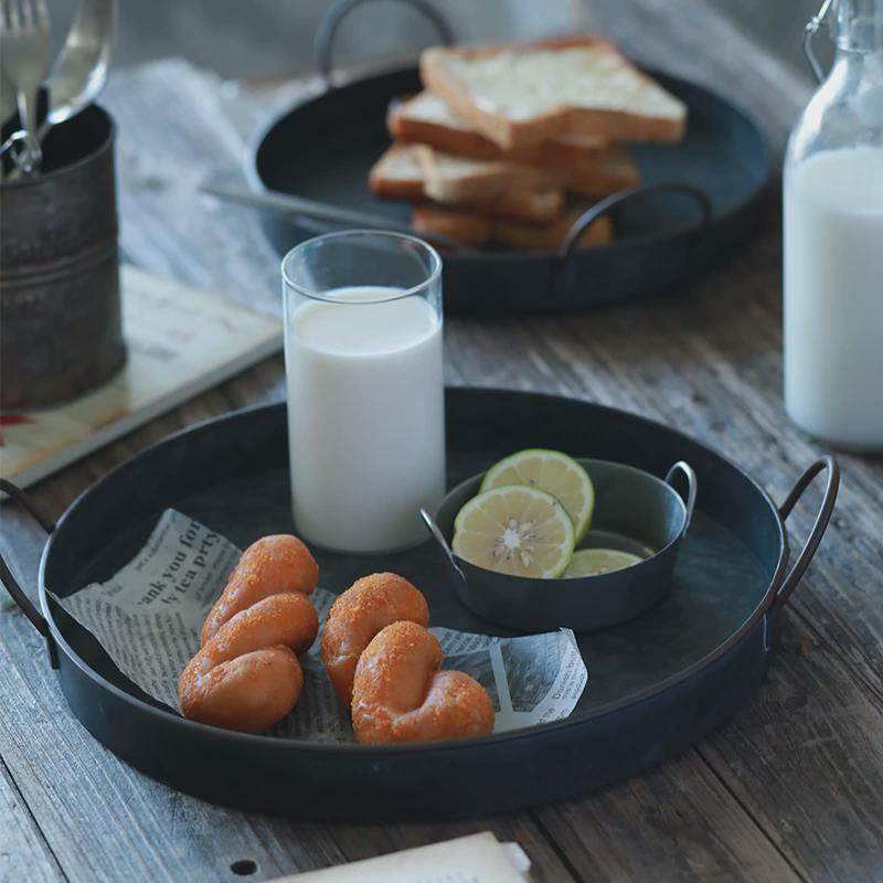 个性居做旧调性铁艺圆形双耳托盘欧式水果盘子美食摆盘摆拍,淘宝优惠券,粉丝福利购,淘宝优惠卷