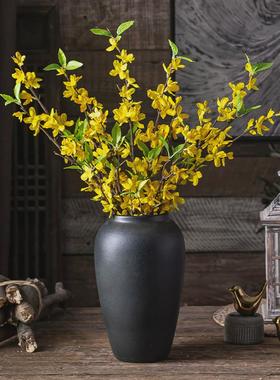 凯威纳陶瓷粗陶柳黑色陶罐花瓶摆件黑陶客厅银复古落地大号冬青干