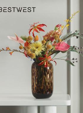 热销博西琥珀色家居豹纹玻璃花瓶摆件家居设计师软装饰品水培花器