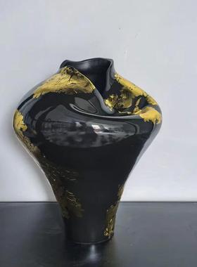 现代简约创意黑白棋格陶瓷花瓶样板间售楼处手绘陶罐花器软装饰品