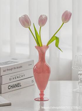 热销法式花瓶插花琉璃中古高脚摆件复古细口玻璃中式高级感客厅桌