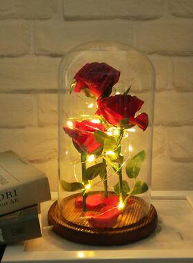 3头仿真玫瑰花家居装饰led灯微景观玻璃罩桌面摆件小夜灯