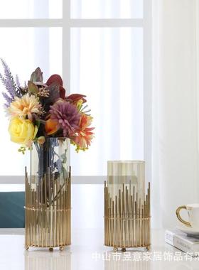 欧式金属竹笙花瓶铁艺金色摆件卧室酒店家居工艺品玻璃