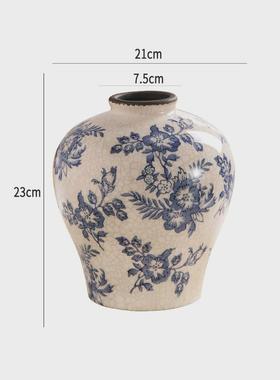 法式复古陶瓷花瓶青花瓷中古裂纹花瓶冰高级感网红客厅装饰品摆件