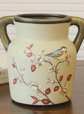 G5PA美式餐桌装饰花瓶欧式复古双耳花瓶花艺新中式茶几陶瓷花瓶