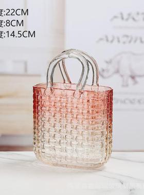轻奢客厅藤编包包玻璃花瓶气泡手提篮简约餐桌插花干花水培装饰品