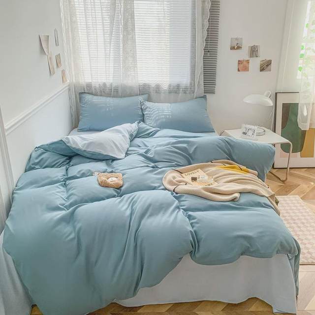 Solid color wash cotton four-piece set thickened and fur bedding sheets and quilt covers Student dormitory three-piece set single bed