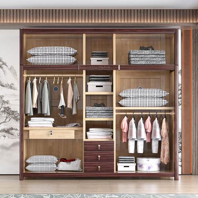 Wujinmu new Chinese-style solid wood wardrobe household three, four, five and six door large wardrobe bedroom clothes storage storage cabinet