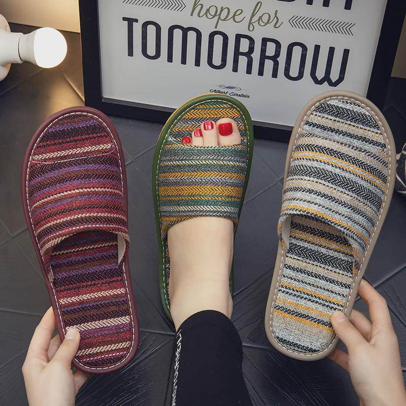 夏季波西条纹居家亚男女凉拖鞋室内防滑软底防臭亚麻布艺拖鞋,淘宝优惠券,粉丝福利购,淘宝优惠卷