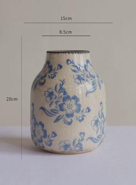 青花瓷花瓶陶瓷高级感法式乡村复古花瓶陶瓷做旧裂纹花瓶水培