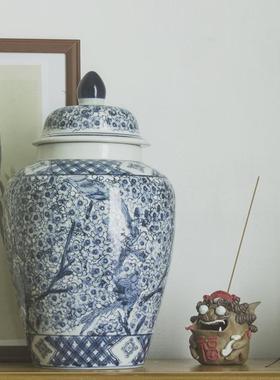 新中式手绘八角罐青花陶瓷花瓶摆件客厅玄关水培插花瓶干花花器