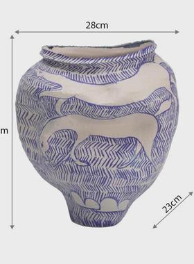 中古风手绘梦马陶瓷花瓶家居样板间青花插花器玄关餐桌装饰品摆件