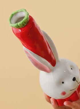 创意兔子陶瓷花瓶干花装饰花器小众新款办公室客厅书桌面花插摆件