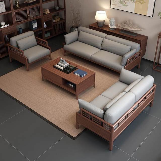 New Chinese sofa 2025 new high-end walnut living room small apartment simple fabric solid wood sofa combination