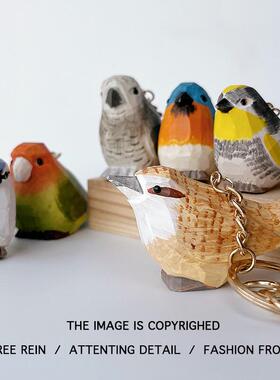 手工木雕小鸟摆件可爱小鹦鹉实木桌面车载装饰精致生日礼物女