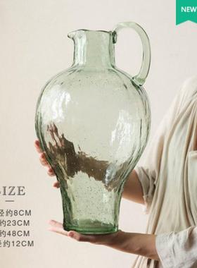 绿色单耳锤批发玻璃大肚花瓶水养客厅落地圆肚大花器摆件纹