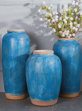 手工陶瓷器落地大花瓶3三件套装宝石蓝组合花插宾馆酒店摆件