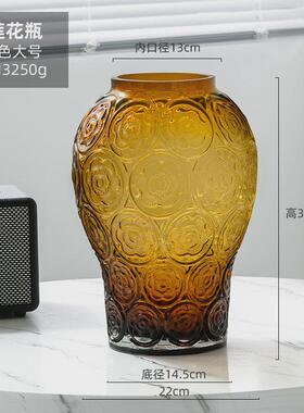 视远欧式轻奢高级感琥珀浮雕银莲瓶加厚玻璃花瓶客厅插花艺术摆件