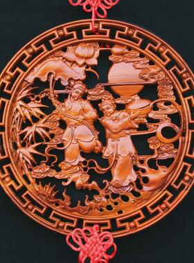 ki9s桃木和合挂饰摆件图挂件福字结挂画客厅玄关礼品家居木雕摆设