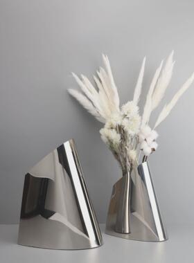 新中式不锈钢金属花器摆件样板房办公室书房客厅餐厅桌面软装饰品