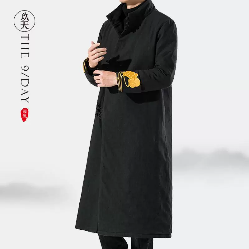 Long down jacket with down, Chinese style, with embroidery, increased thickness, oversize