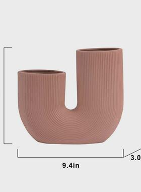 现货北欧创意简约U型条纹陶瓷花瓶花插大口径客厅ins风高颜值摆件