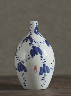 新中式禅意古风青花瓷花瓶摆件茶室花器客厅名宿家居插花装饰瓷器