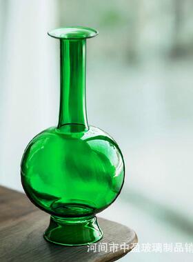 日式蓝色花器透明磨砂新中式琉璃玻璃花瓶摆件文人器花道插花